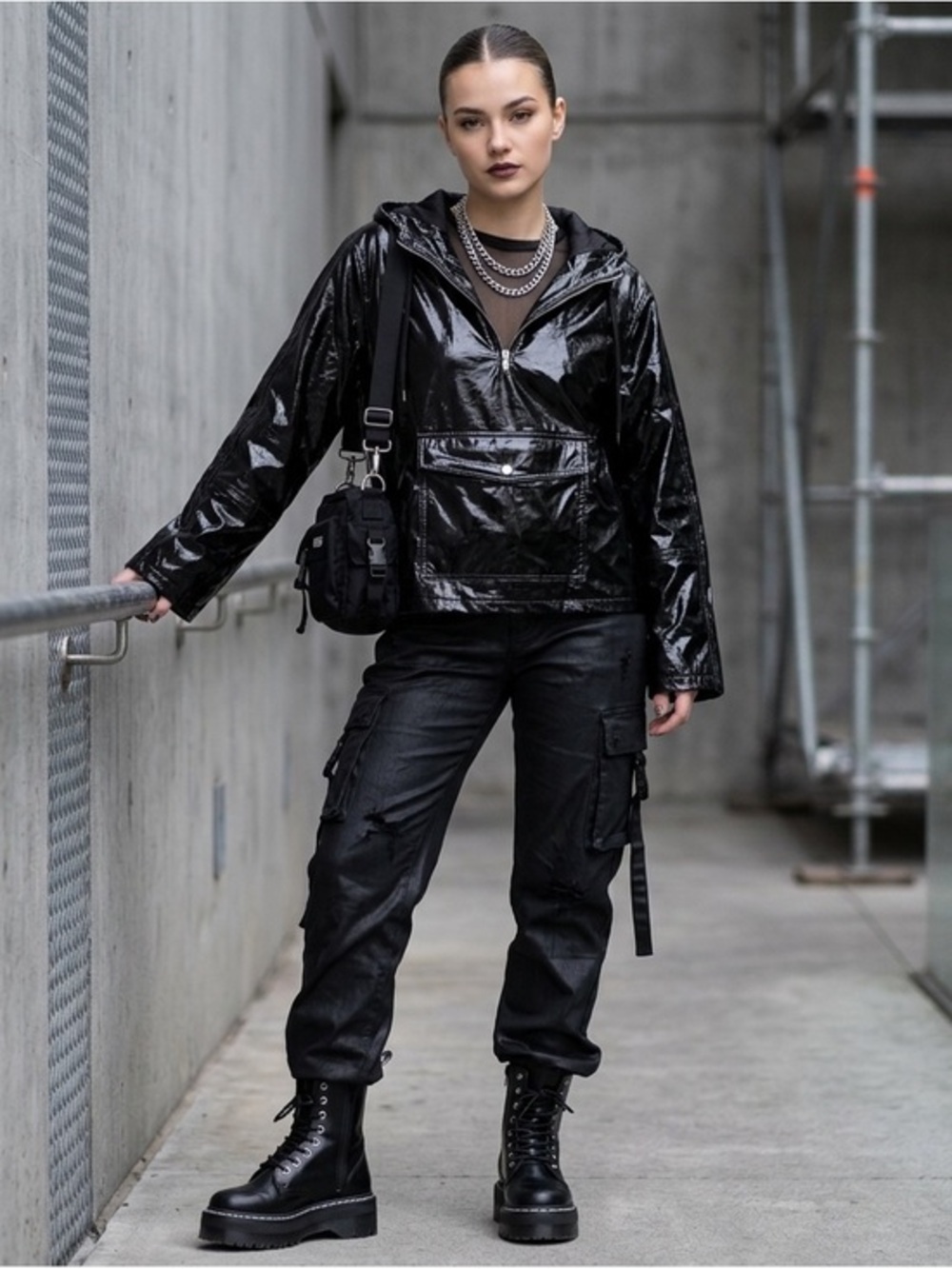 LPA Delaney Black Faux Patent Leather Hooded Anorak Pullover Jacket Size Small
